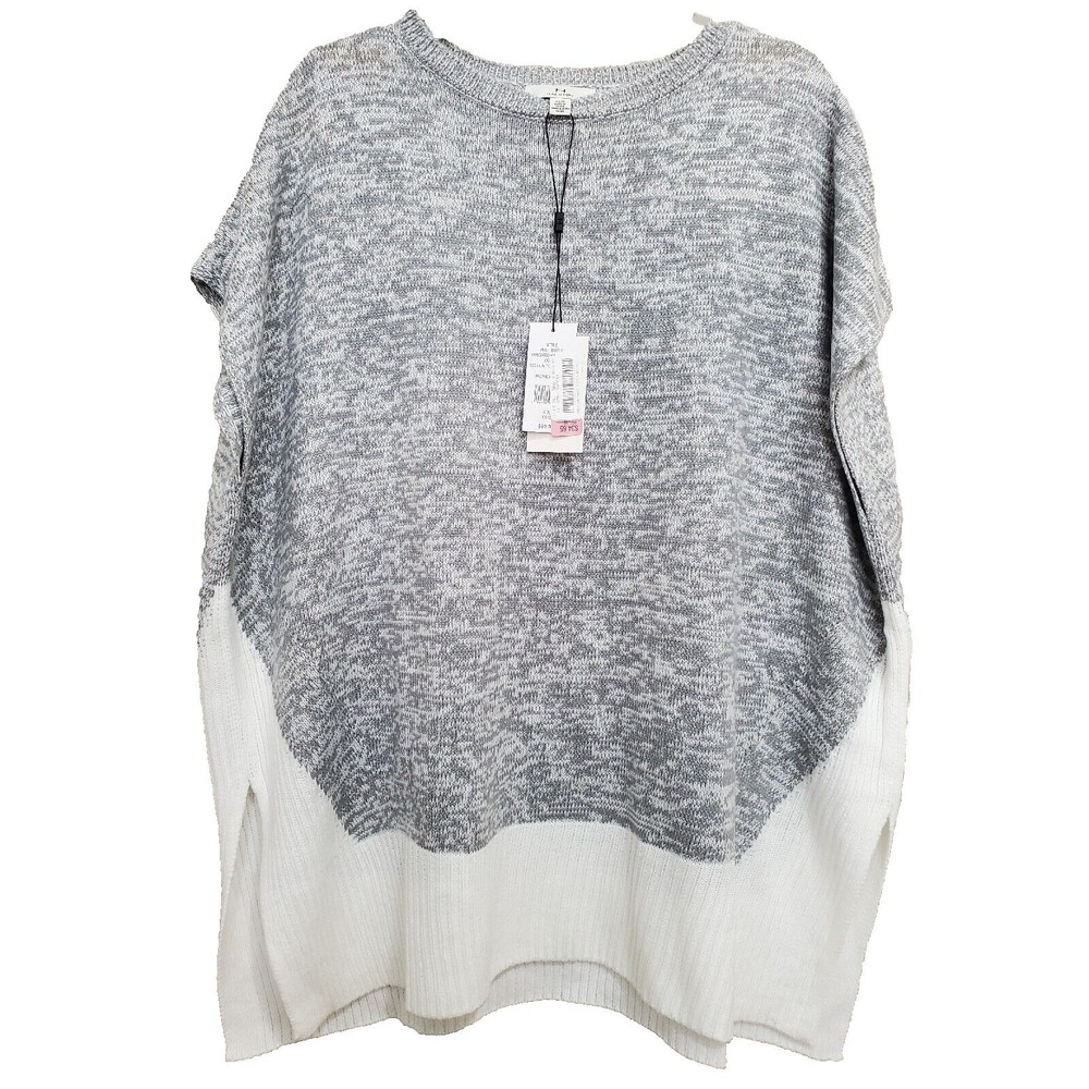 H by Halston Varigated Rib Poncho Gray/White Cap Sleeve Side Slits Size XS/S NWT